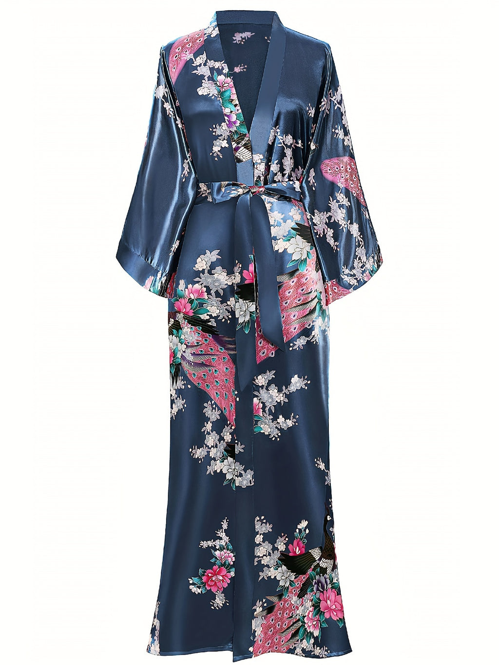 Women's Kimono Robe Long Satin Robes with Peacock/Blossoms Kimono Gown