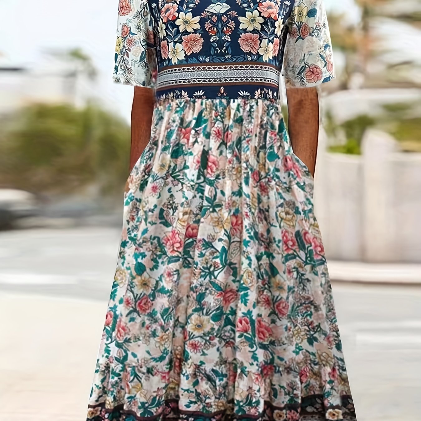 Plus Size Boho Charm - Vibrant Color block Floral Maxi Dress