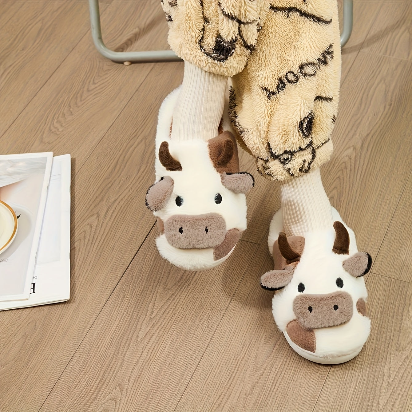 Cozy Home Cute Cartoon Cow Plush Half- Slippers
