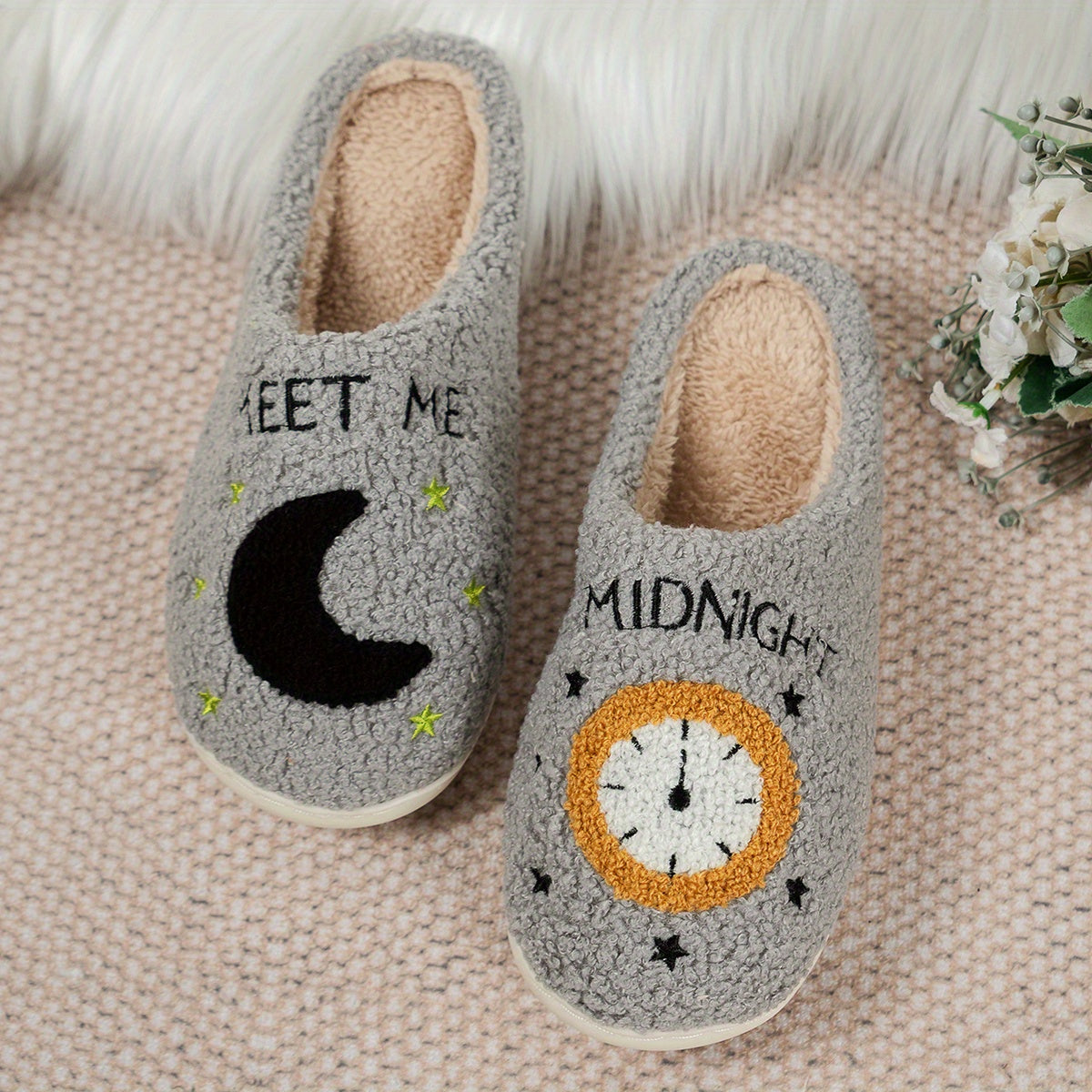Cozy Women's Midnight Moon Clock Closed Toe Fuzzy Slippers