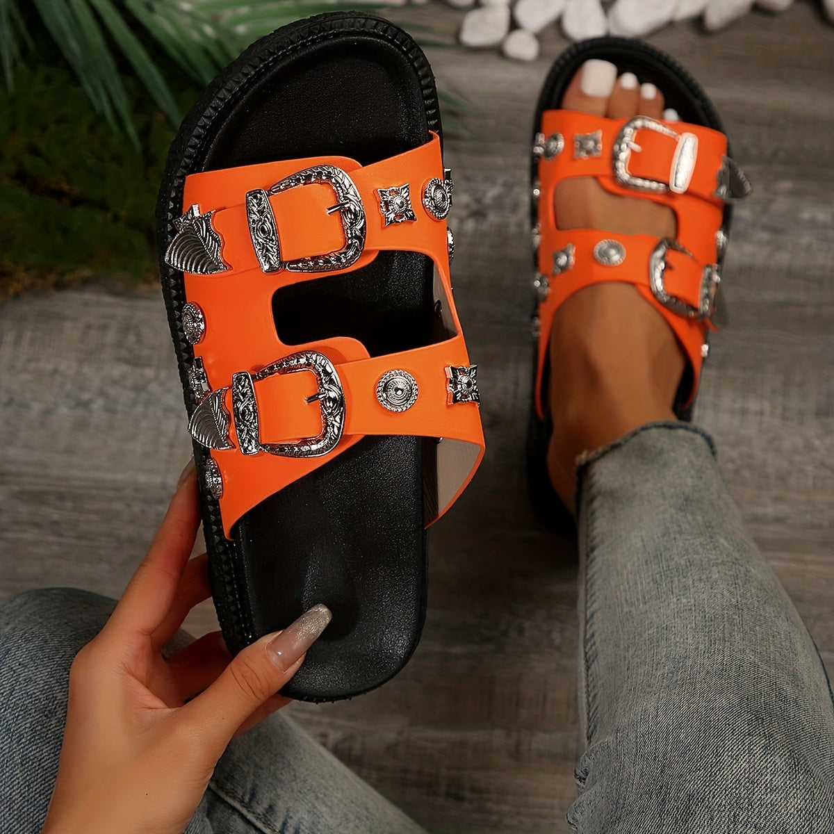 Women's Round-Toe Mule Fashion Double Buckle Platform