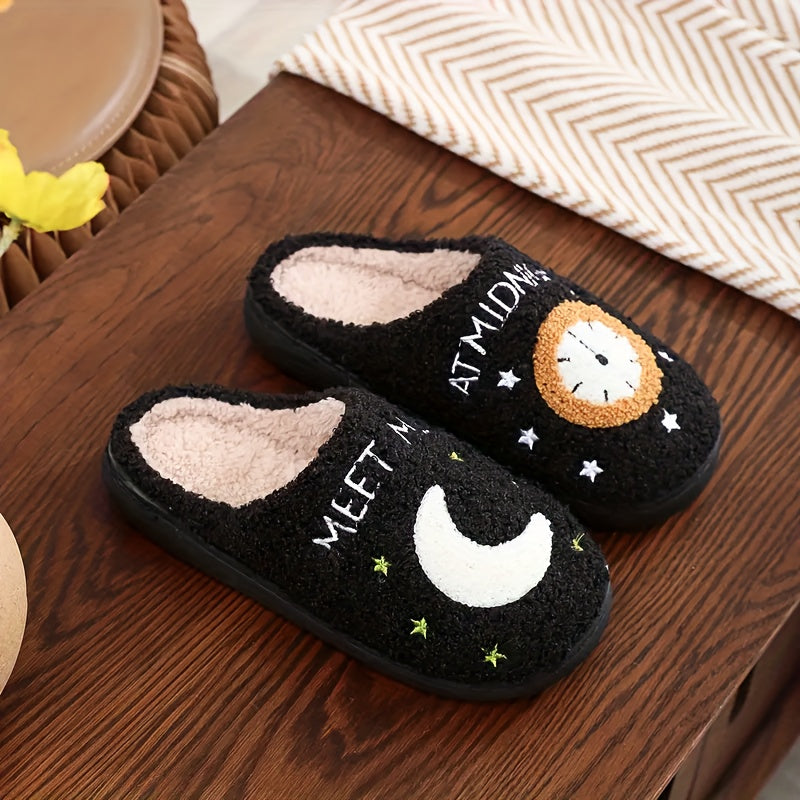 Cozy Women's Midnight Moon Clock Closed Toe Fuzzy Slippers