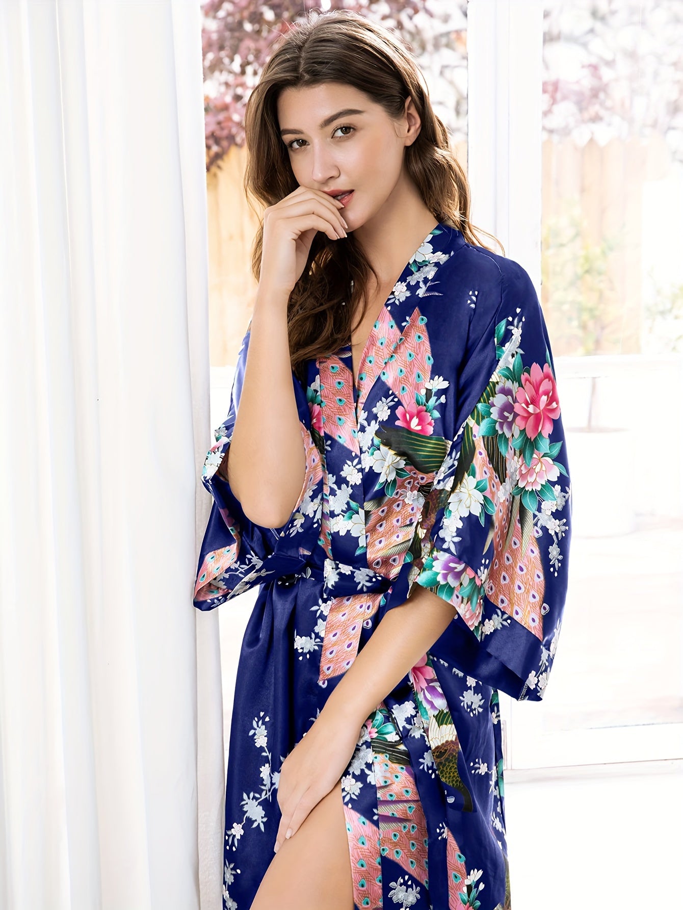 Women's Kimono Robe Long Satin Robes with Peacock/Blossoms Kimono Gown
