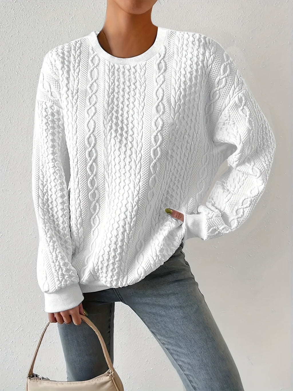 Loose Fit Women's Casual Textured Round Neck Pullover Sweatshirt