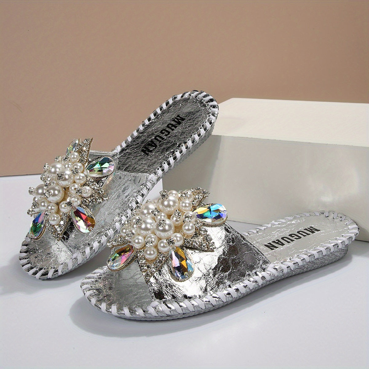 Women's Hand Stitched Floral Rhinestone Pearl Slipper