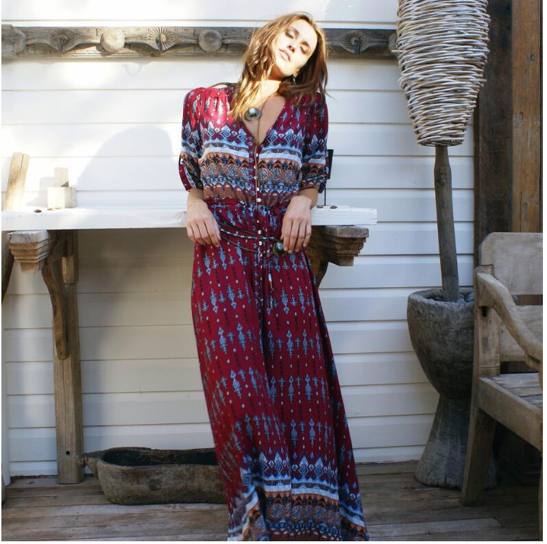 NEW Boho dress chic floral print maxi long dresses V-neck