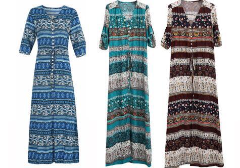 NEW Boho dress chic floral print maxi long dresses V-neck