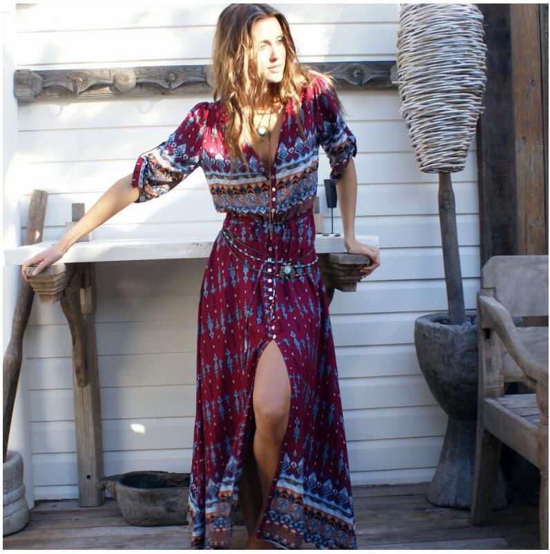 NEW Boho dress chic floral print maxi long dresses V-neck