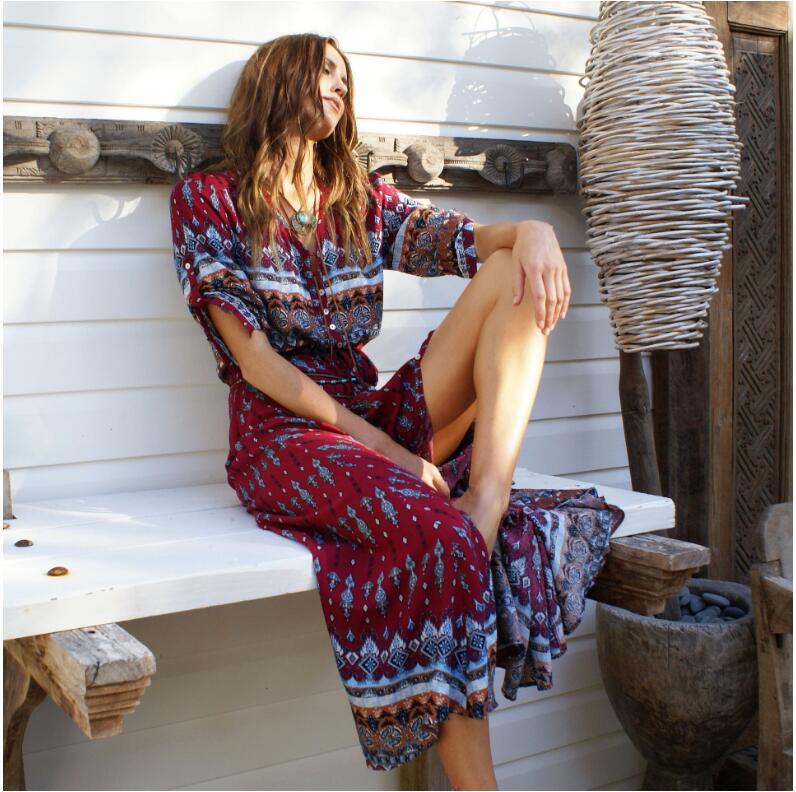 NEW Boho dress chic floral print maxi long dresses V-neck