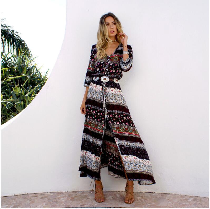 NEW Boho dress chic floral print maxi long dresses V-neck