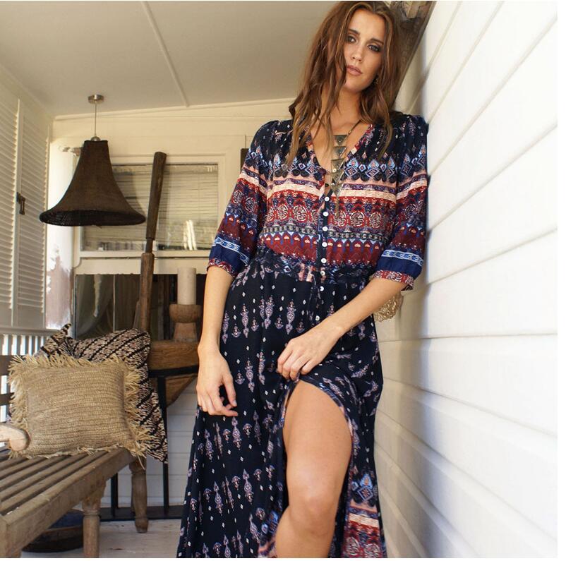 NEW Boho dress chic floral print maxi long dresses V-neck