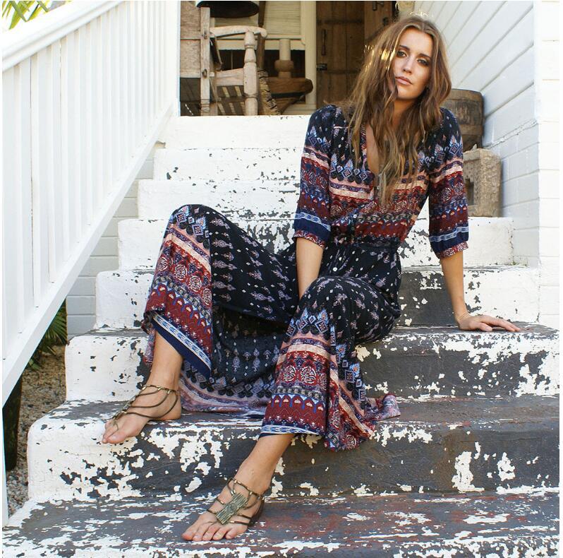 NEW Boho dress chic floral print maxi long dresses V-neck