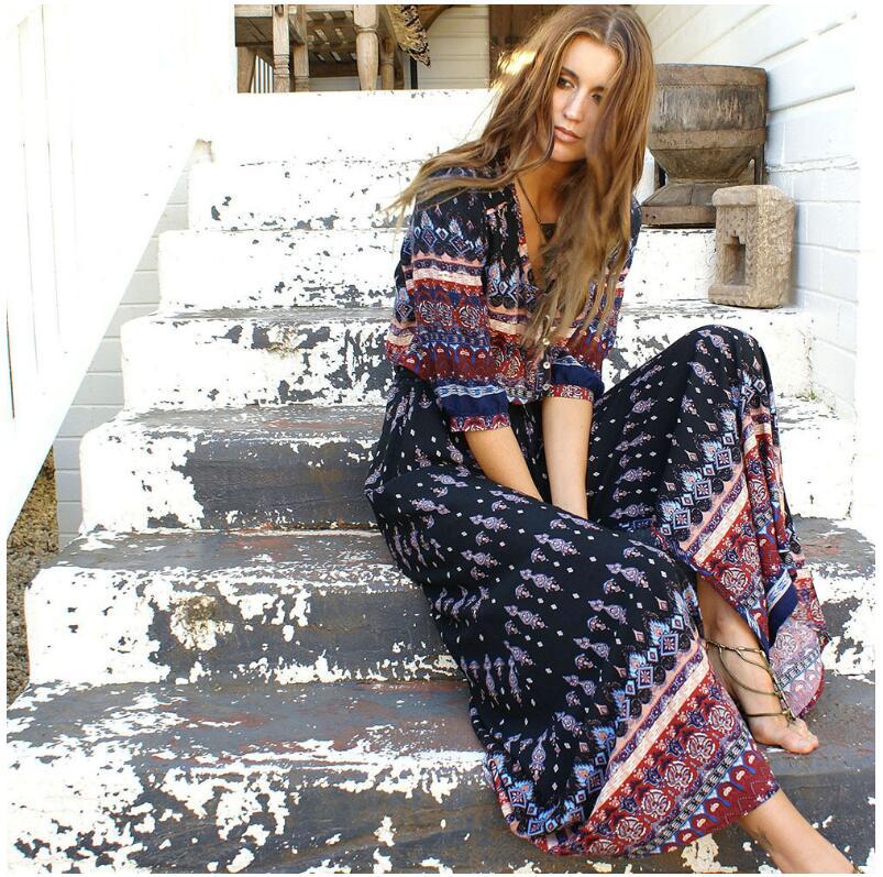 NEW Boho dress chic floral print maxi long dresses V-neck