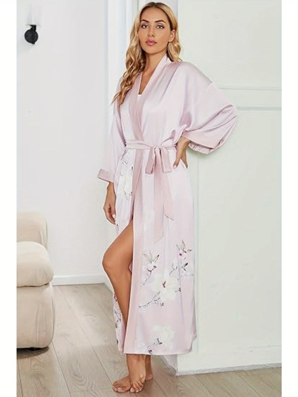 Floral Print Satin Women's Kimono Robes