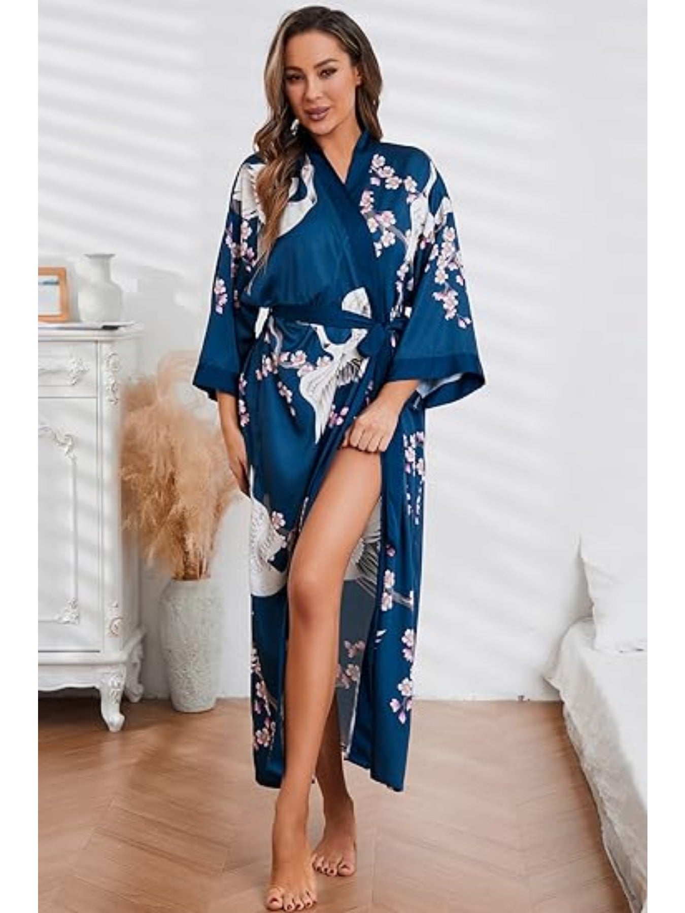 [Satin Kimono Robes] Floral Print Satin Women's wear