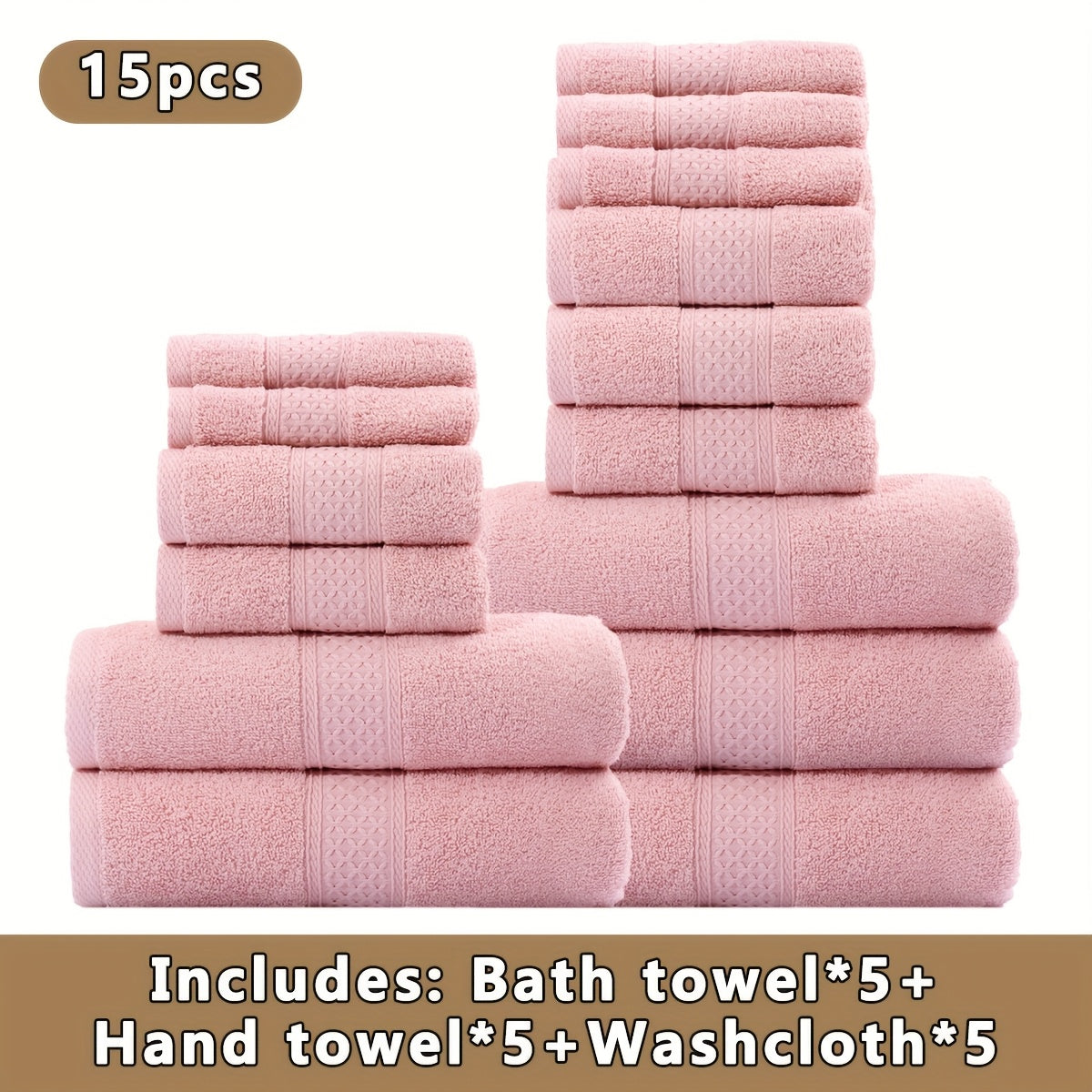 15pcs 100% Cotton Bath Towel Set, 5 Bath Towels 5 Hand Towels 5 Washcloths