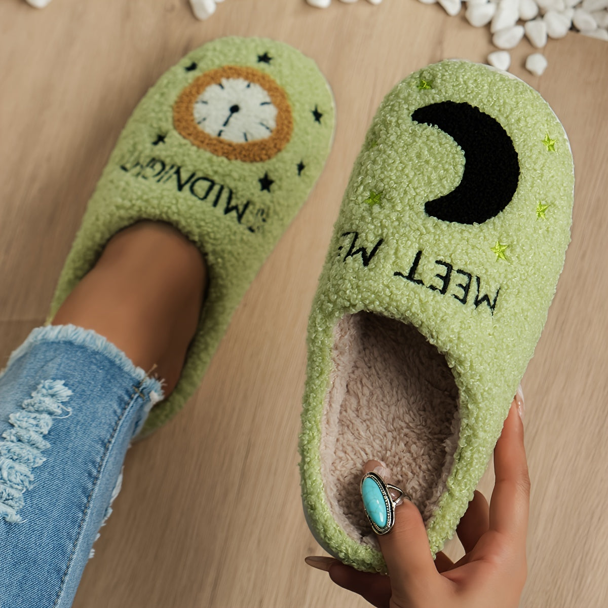 Cozy Women's Midnight Moon Clock Closed Toe Fuzzy Slippers