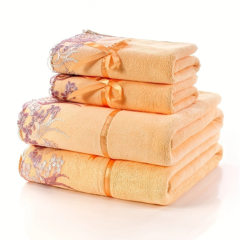 4pcs Floral Embroidered Towel Set, Ultra-Fine Fiber Towels