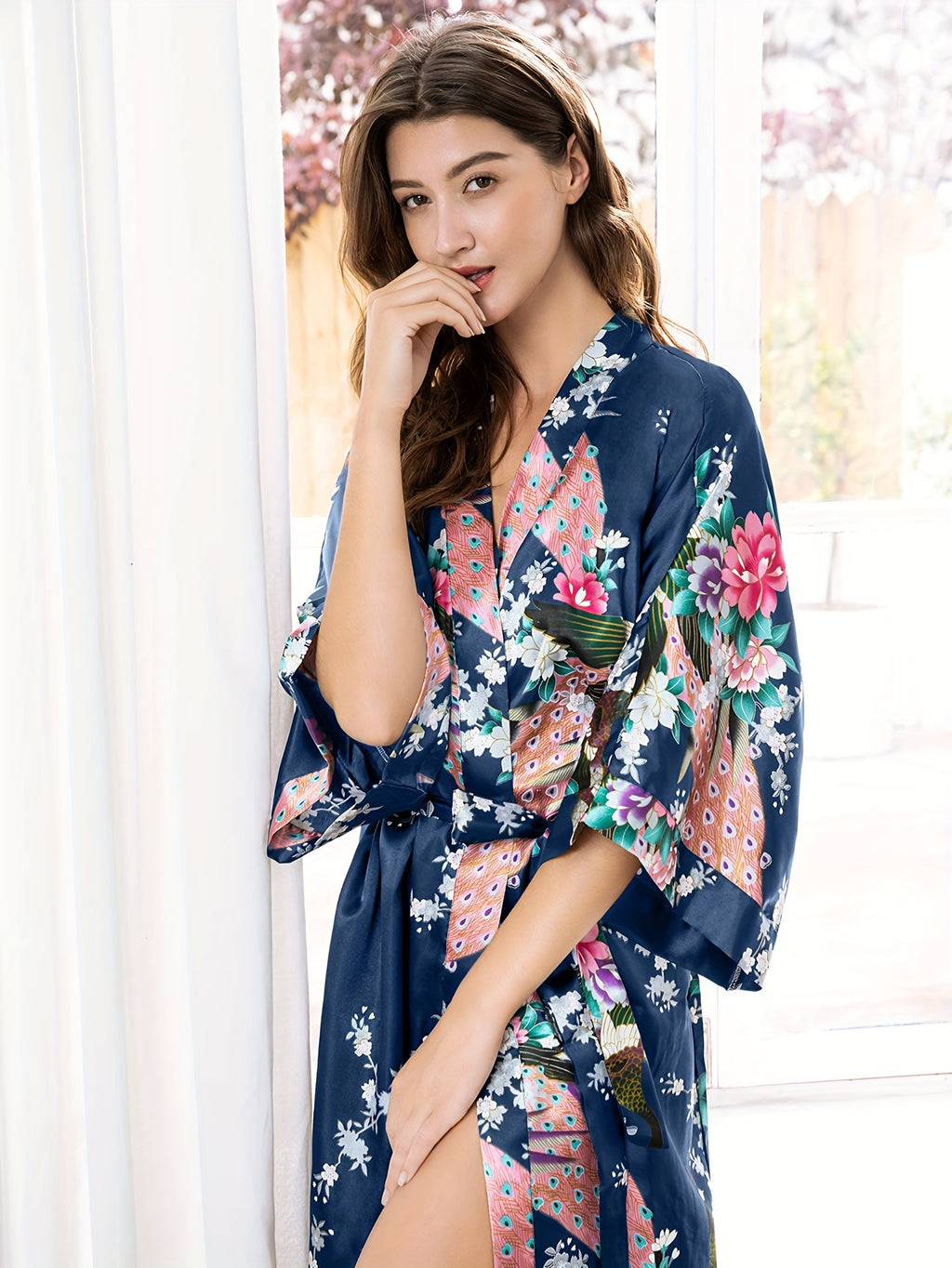 Women's Kimono Robe Long Satin Robes with Peacock/Blossoms Kimono Gown