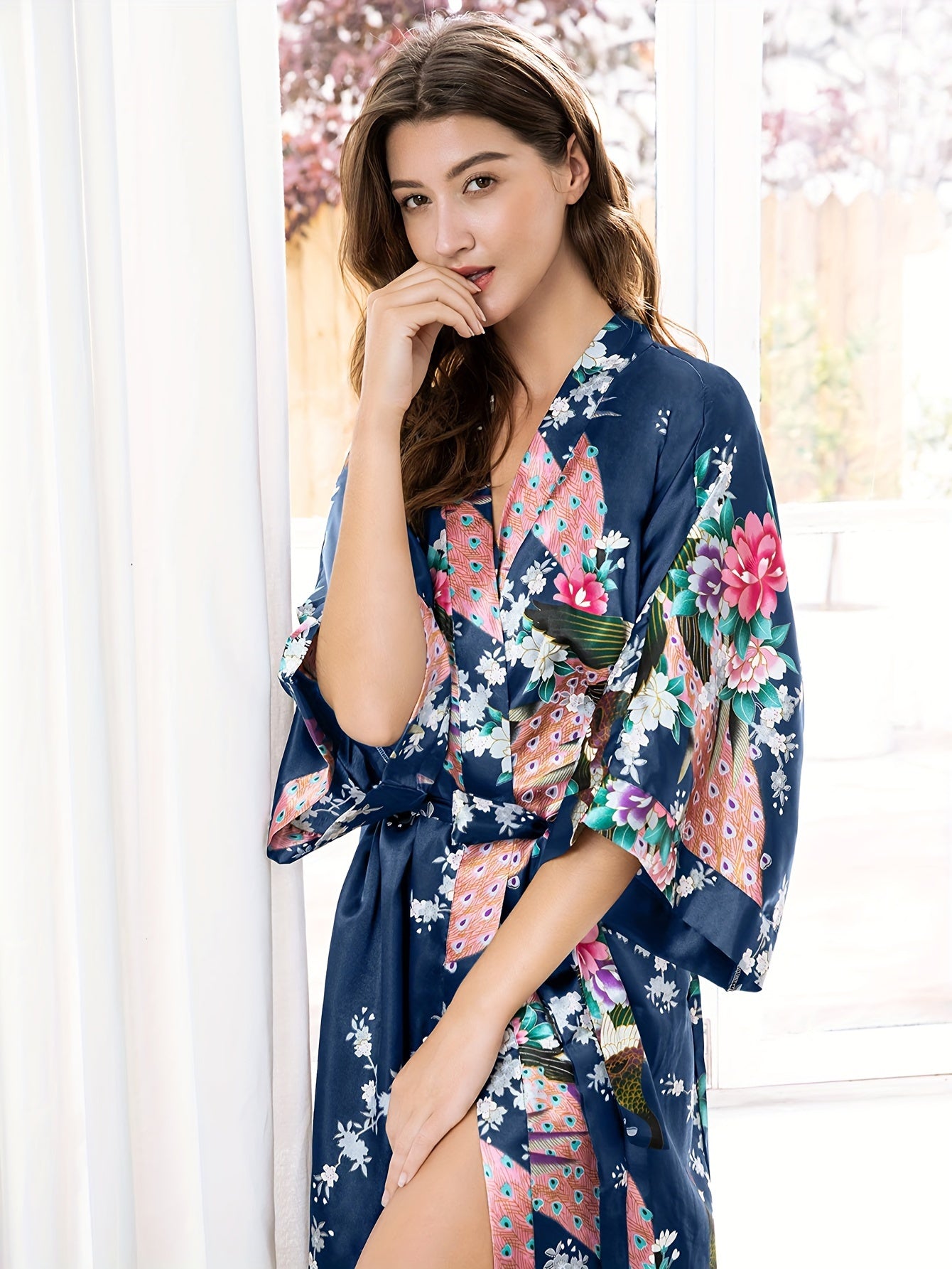 Women's Kimono Robe Long Satin Robes with Peacock/Blossoms Kimono Gown