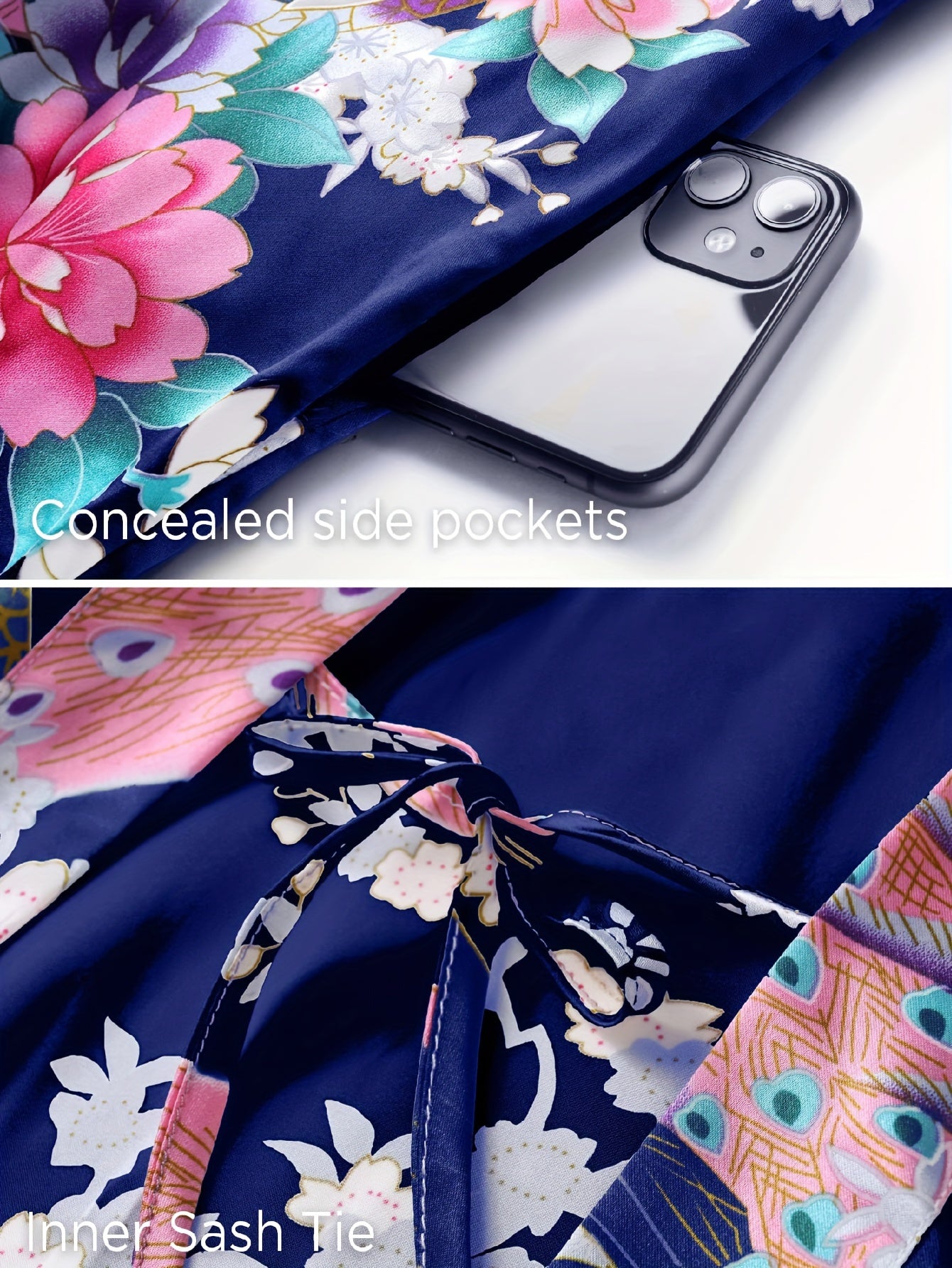 Women's Kimono Robe Long Satin Robes with Peacock/Blossoms Kimono Gown
