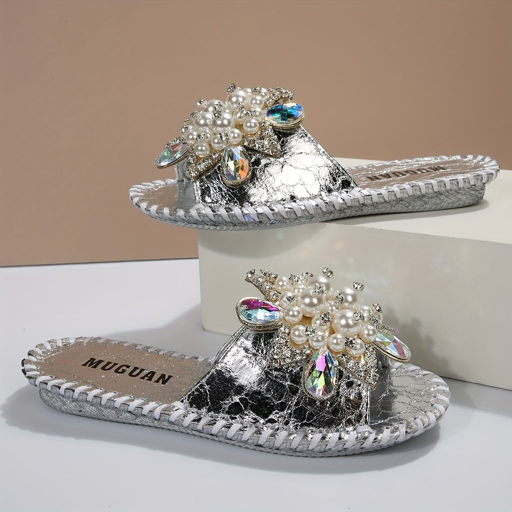 Women's Hand Stitched Floral Rhinestone Pearl Slipper