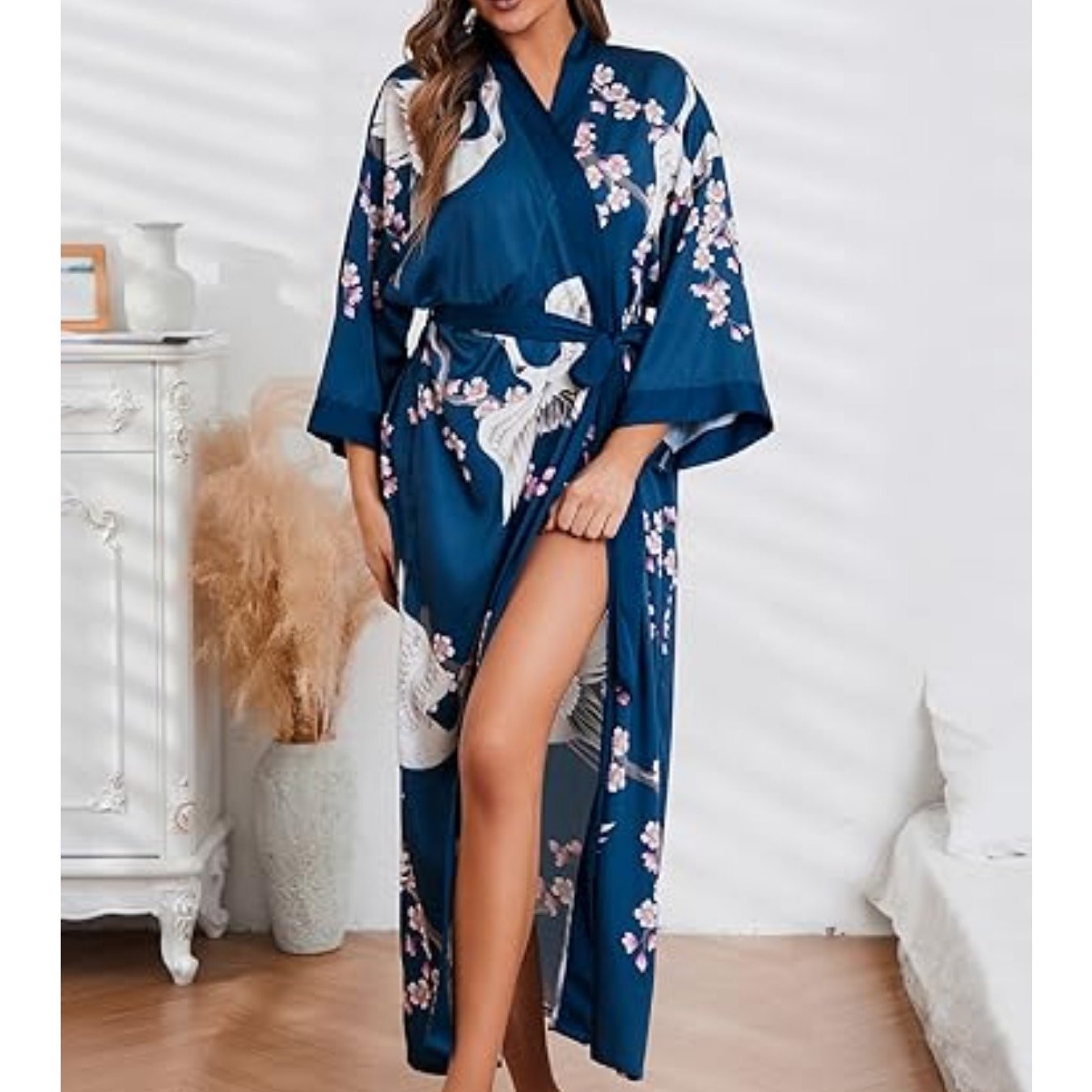Floral Print Satin Women's Kimono Robes