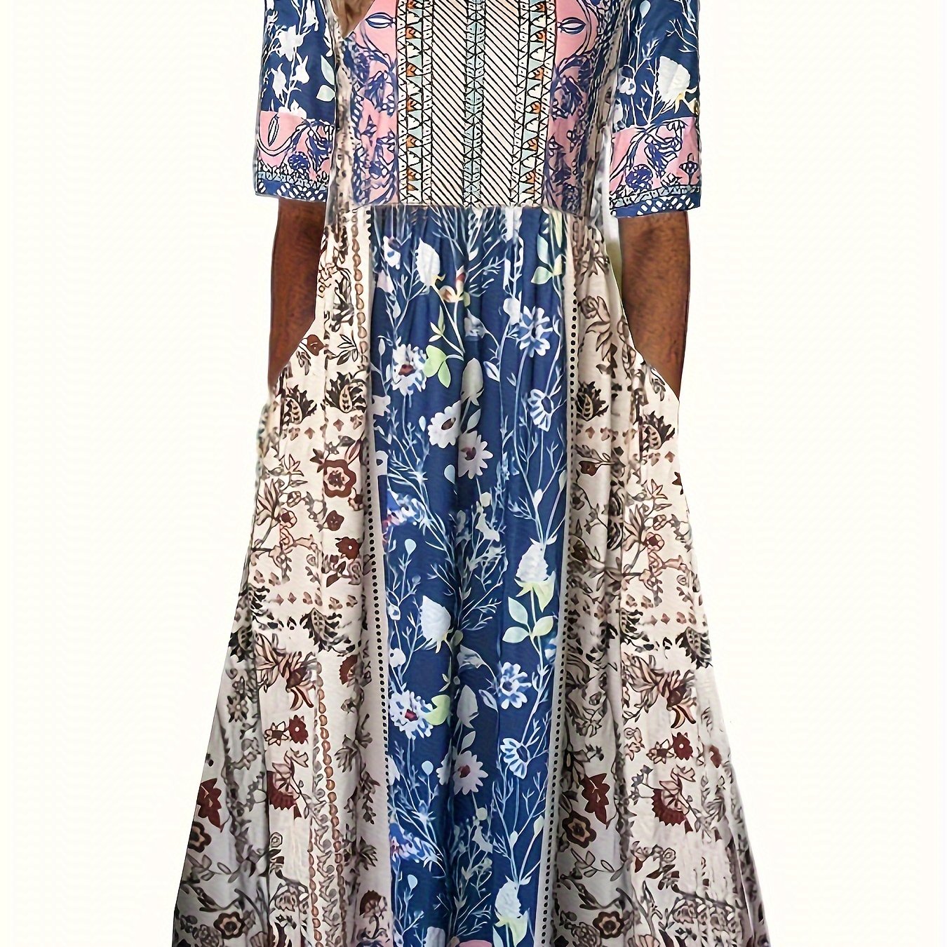 Plus Size Boho Charm - Vibrant Color block Floral Maxi Dress