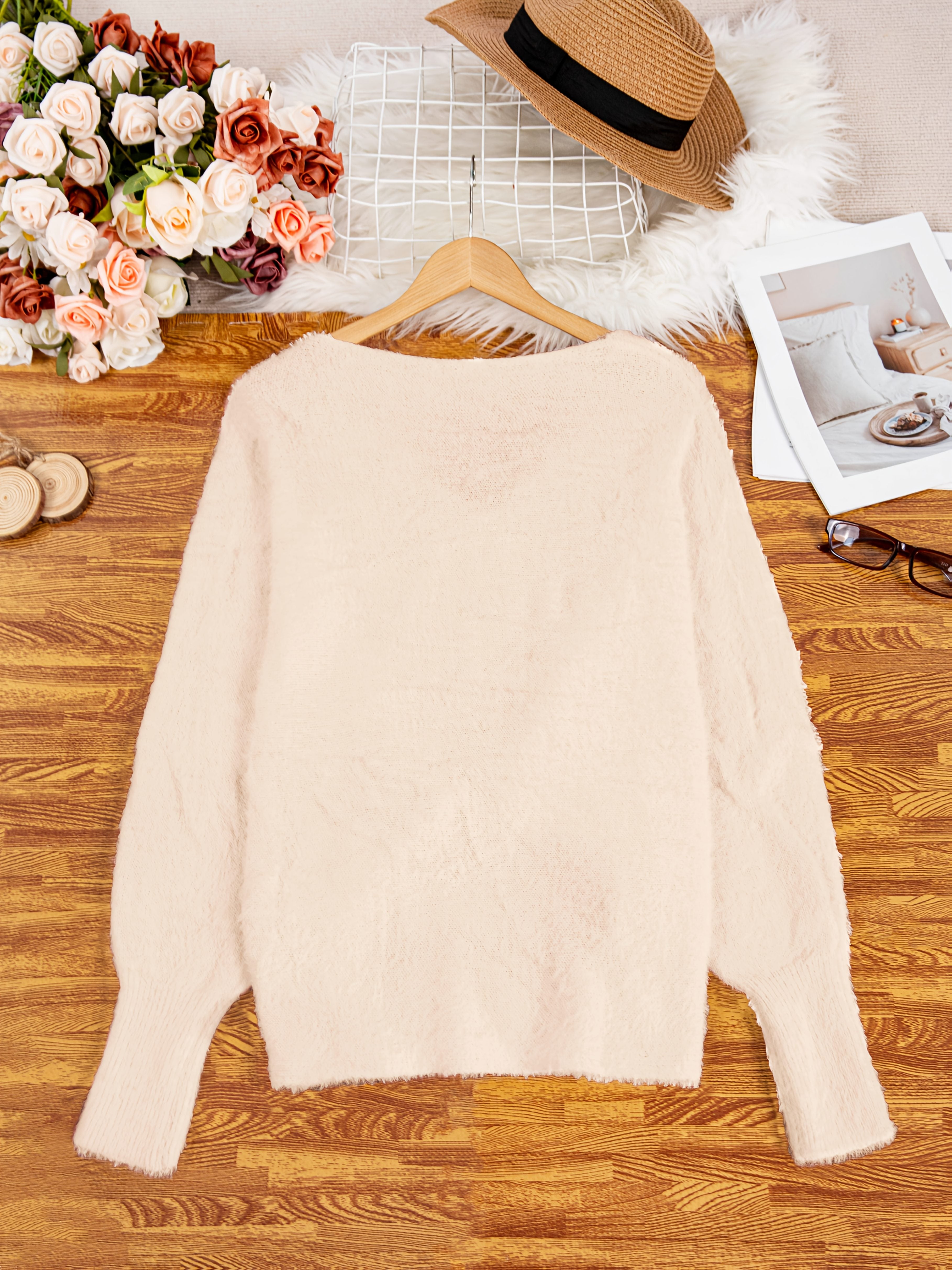 Women's Plus Size Casual V-Neck Knit Sweater with Batwing Sleeves