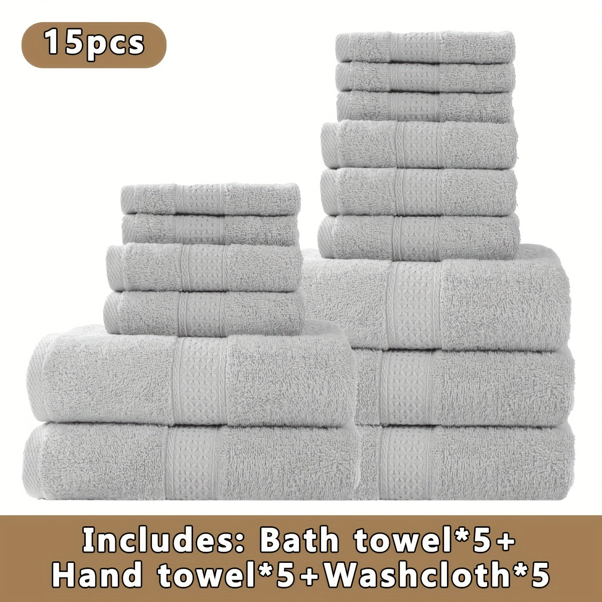 15pcs 100% Cotton Bath Towel Set, 5 Bath Towels 5 Hand Towels 5 Washcloths