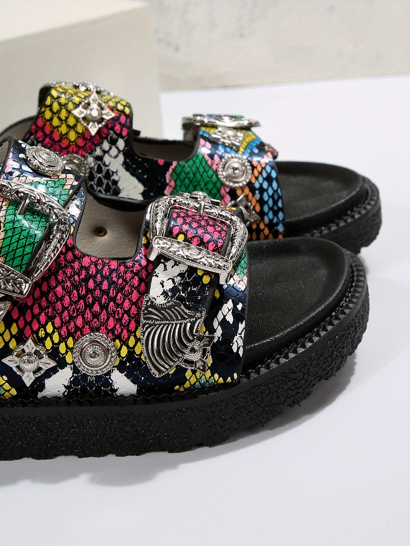 Women's Round-Toe Mule Fashion Double Buckle Platform