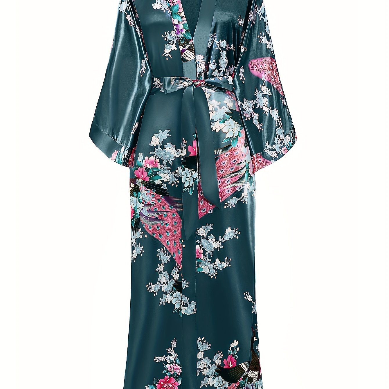 Women's Kimono Robe Long Satin Robes with Peacock/Blossoms Kimono Gown