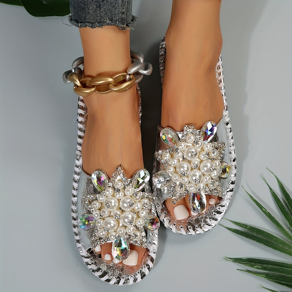 Women's Hand Stitched Floral Rhinestone Pearl Slipper