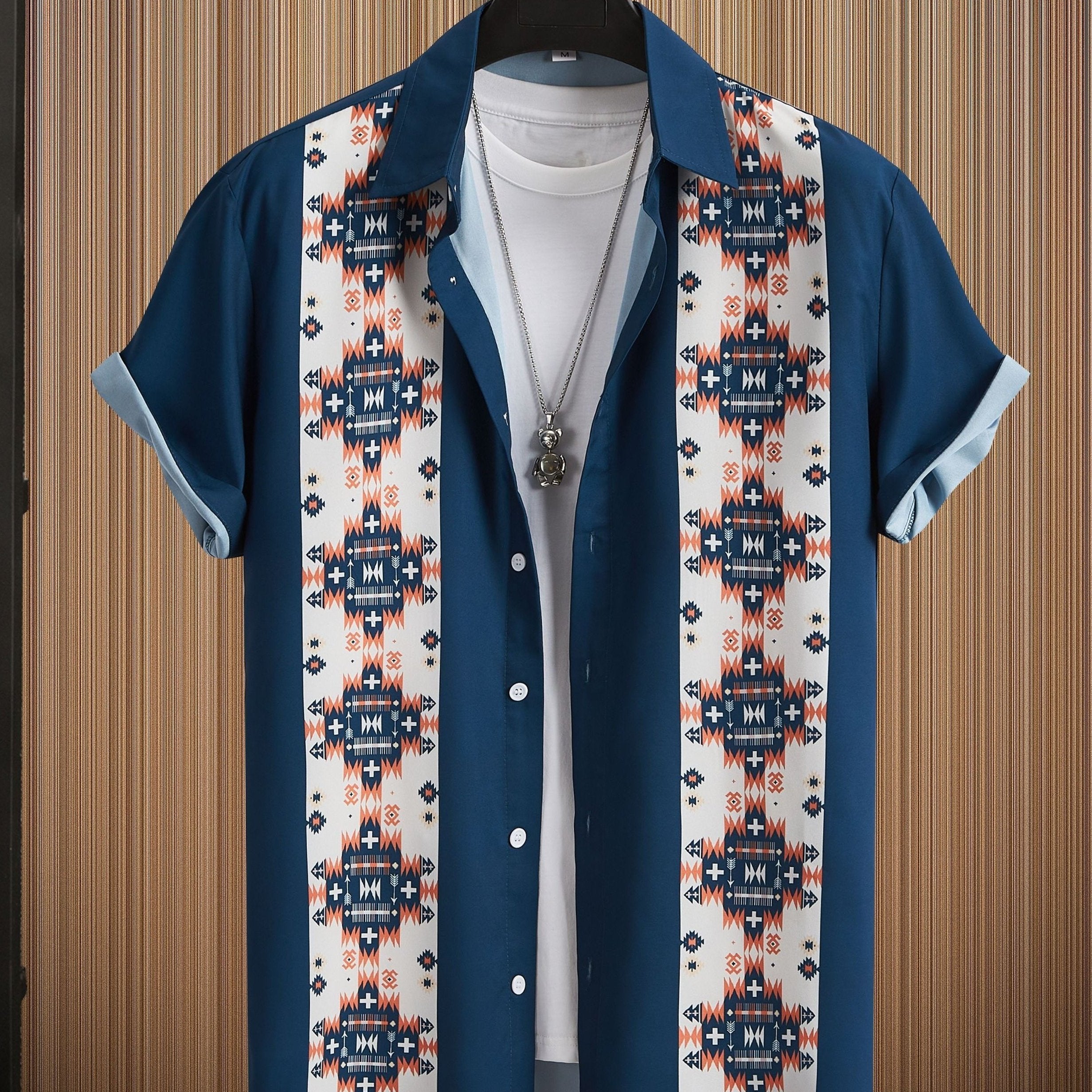 Bohemian Print Color Block Men's Casual Summer Short Sleeve Button Up