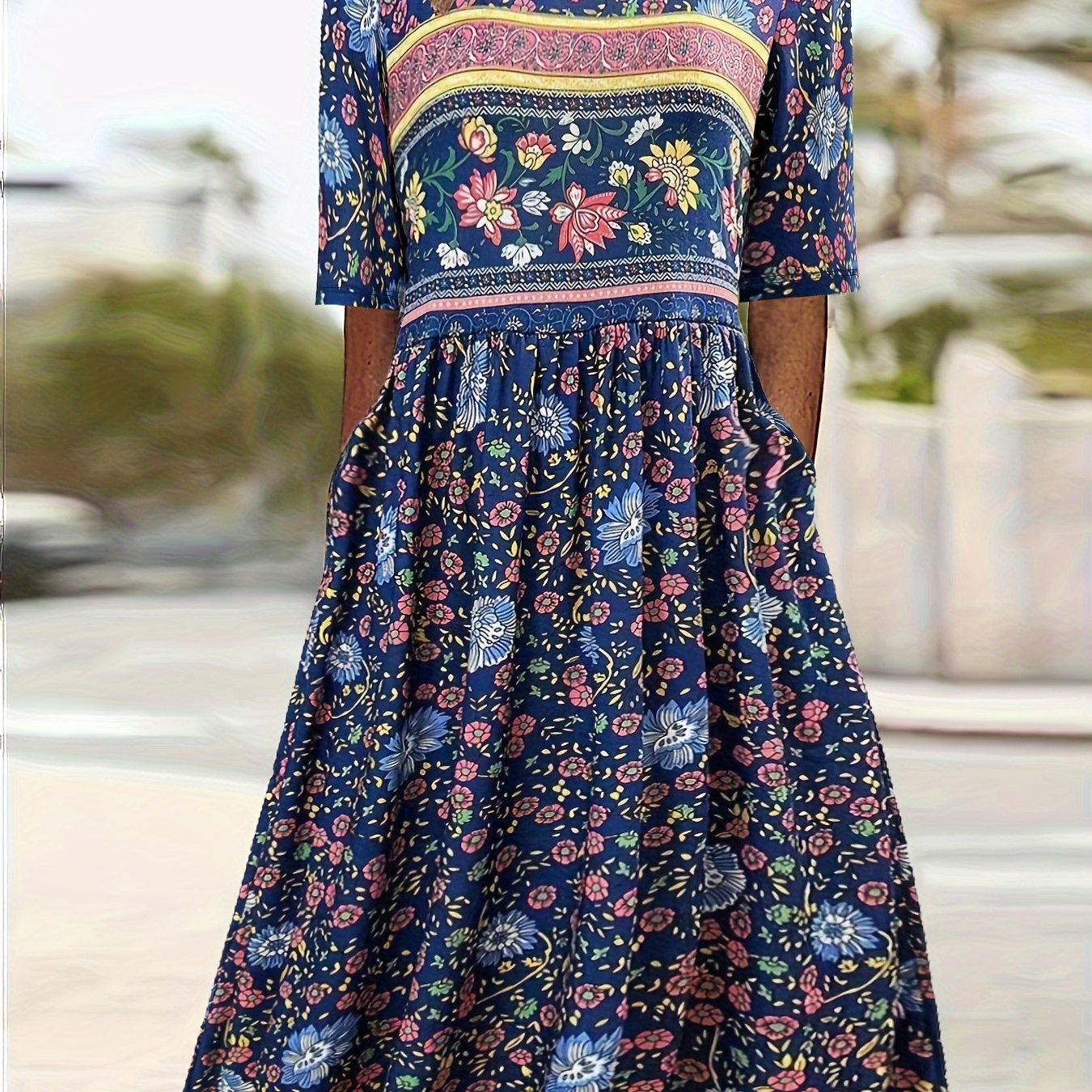 Plus Size Boho Charm - Vibrant Color block Floral Maxi Dress