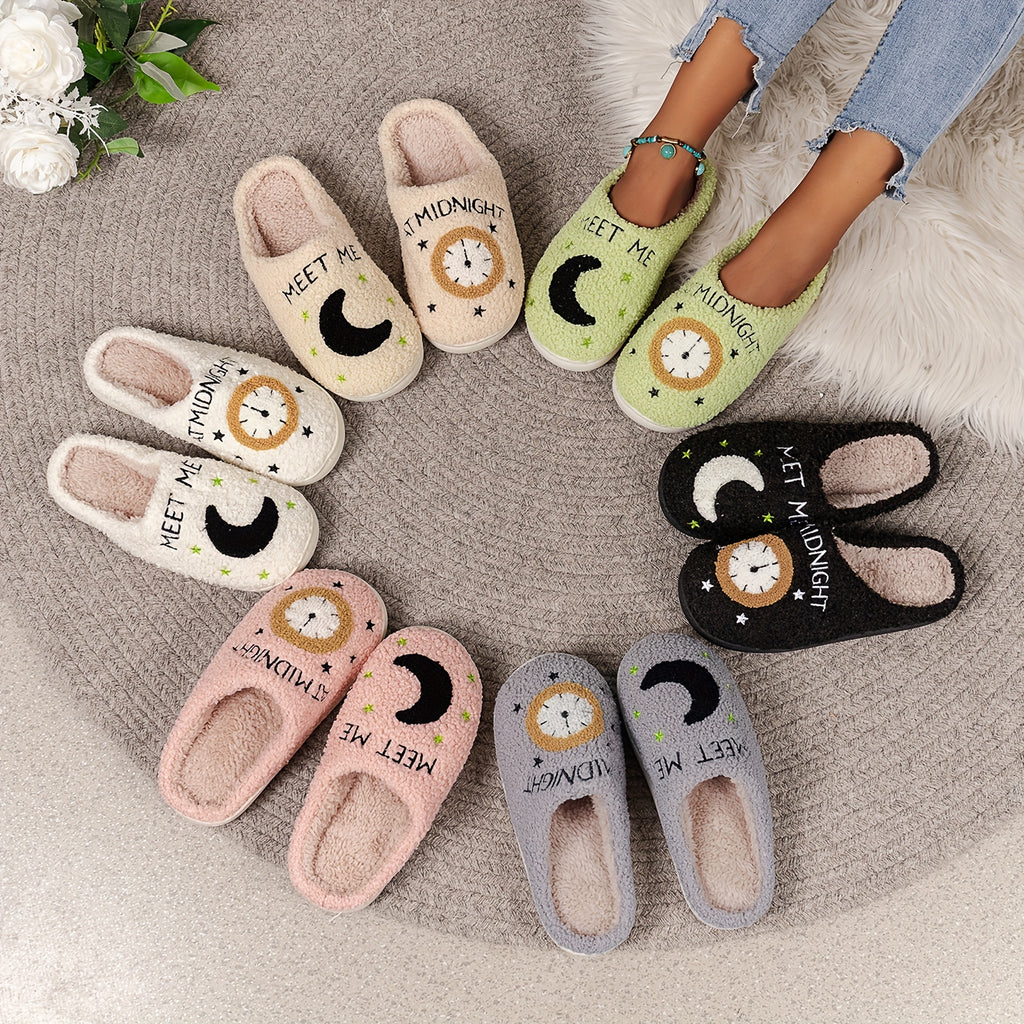 Cozy Women's Midnight Moon Clock Closed Toe Fuzzy Slippers