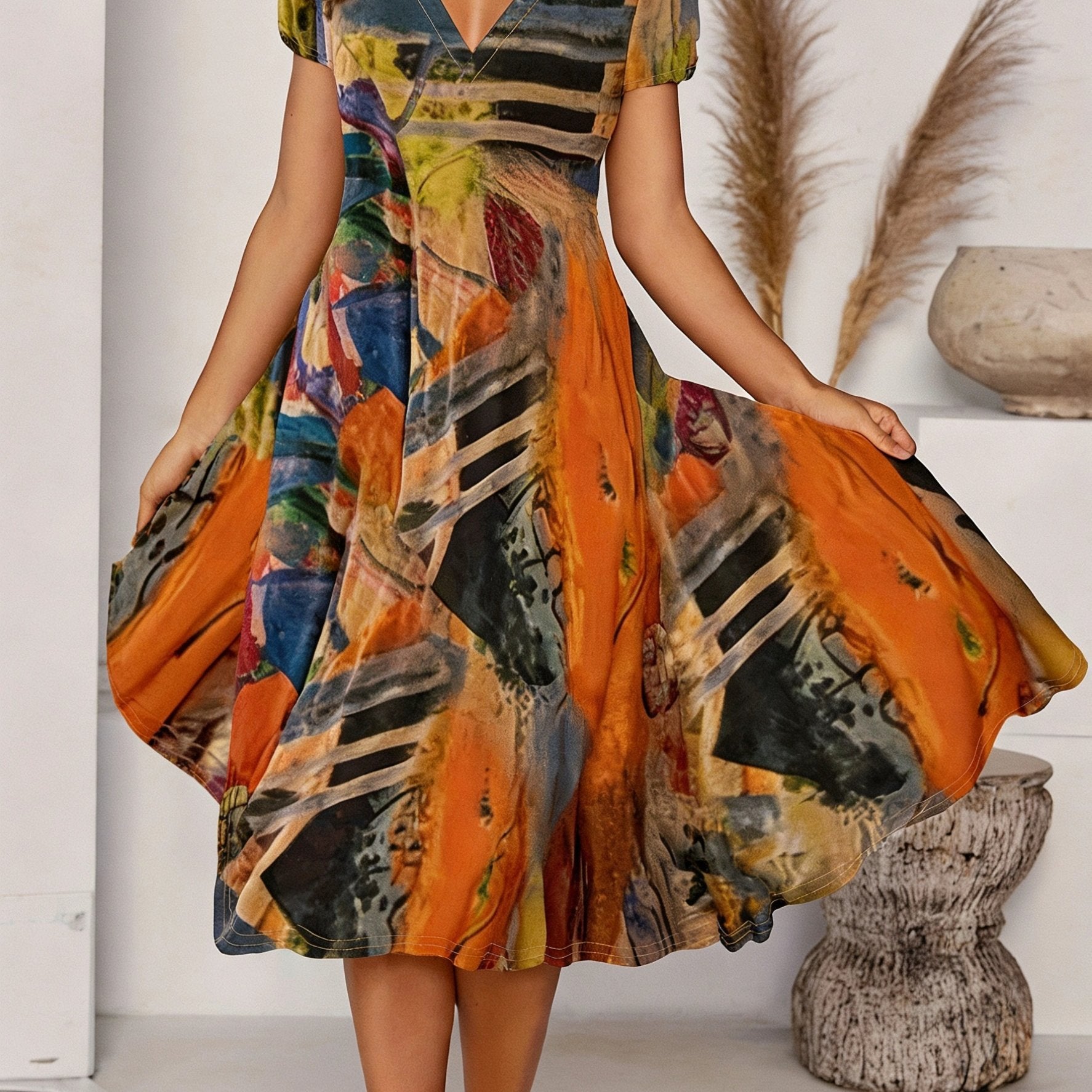 Women's Bohemian V-Neck Short Sleeve A-Line Dress