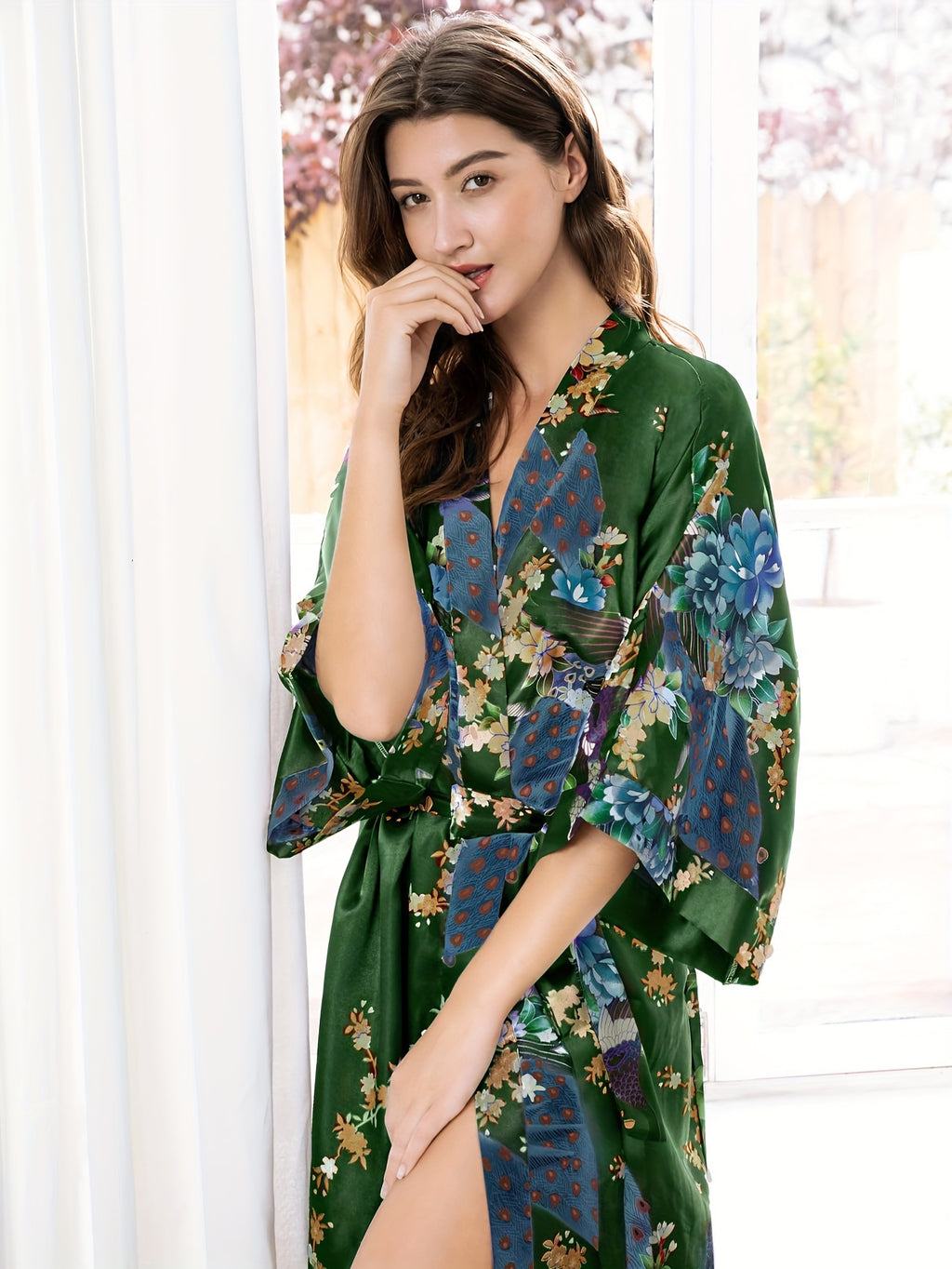 Women's Kimono Robe Long Satin Robes with Peacock/Blossoms Kimono Gown