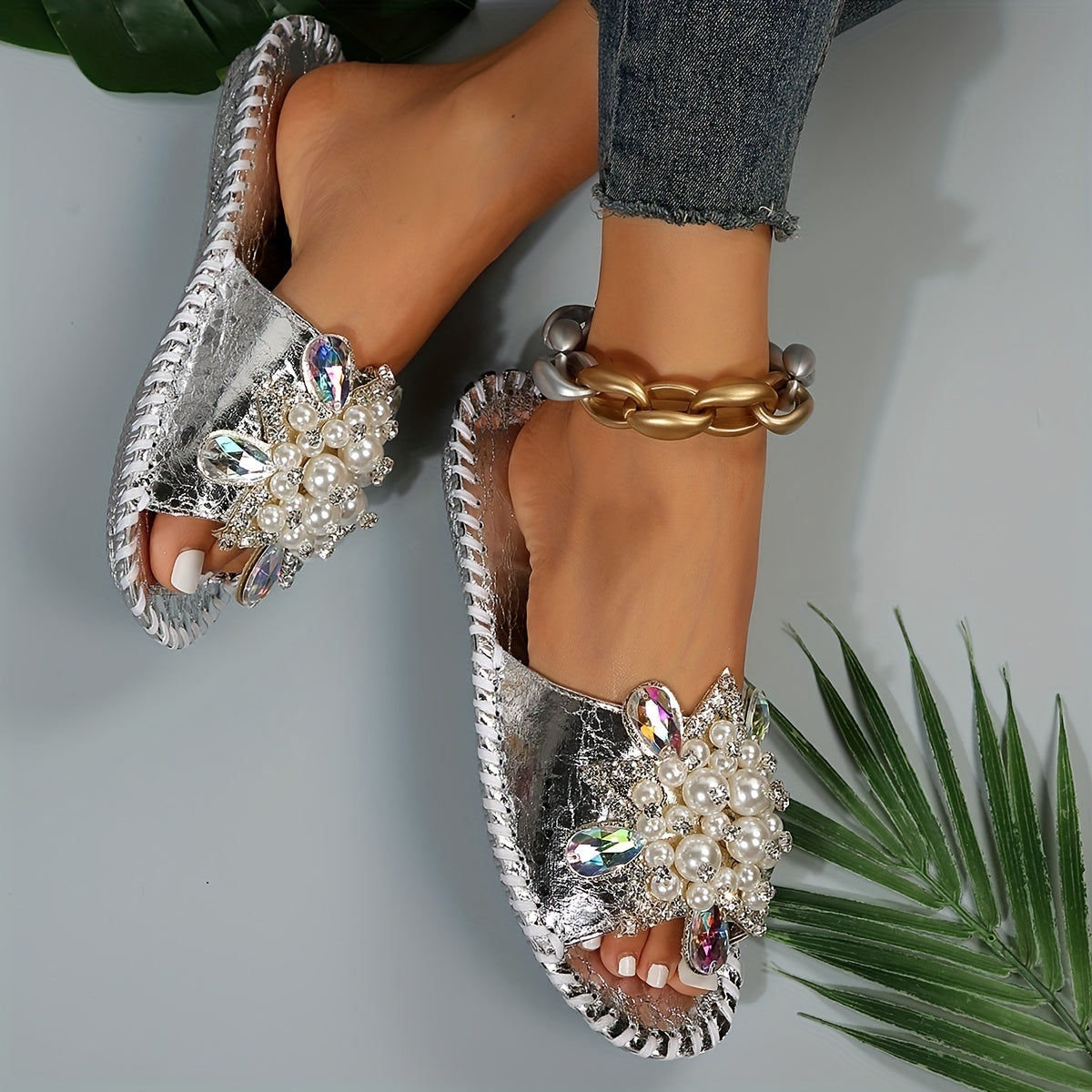 Women's Hand Stitched Floral Rhinestone Pearl Slipper