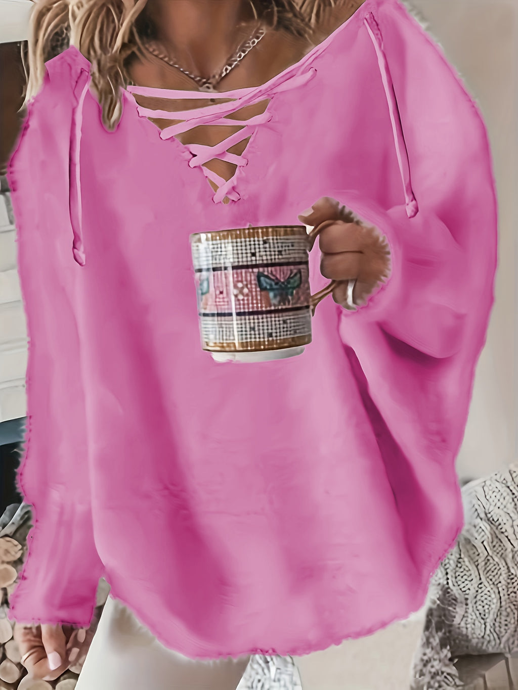 Women's Plus Size Casual V-Neck Knit Sweater with Batwing Sleeves
