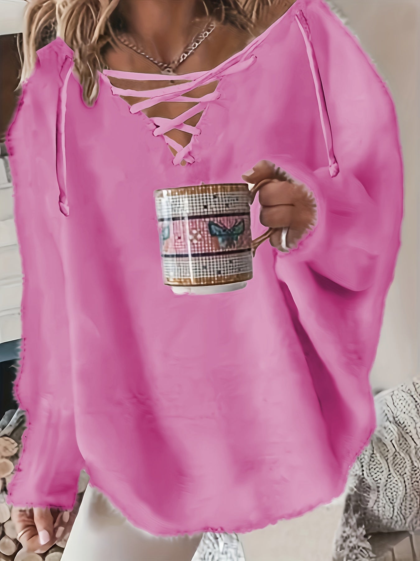 Women's Plus Size Casual V-Neck Knit Sweater with Batwing Sleeves
