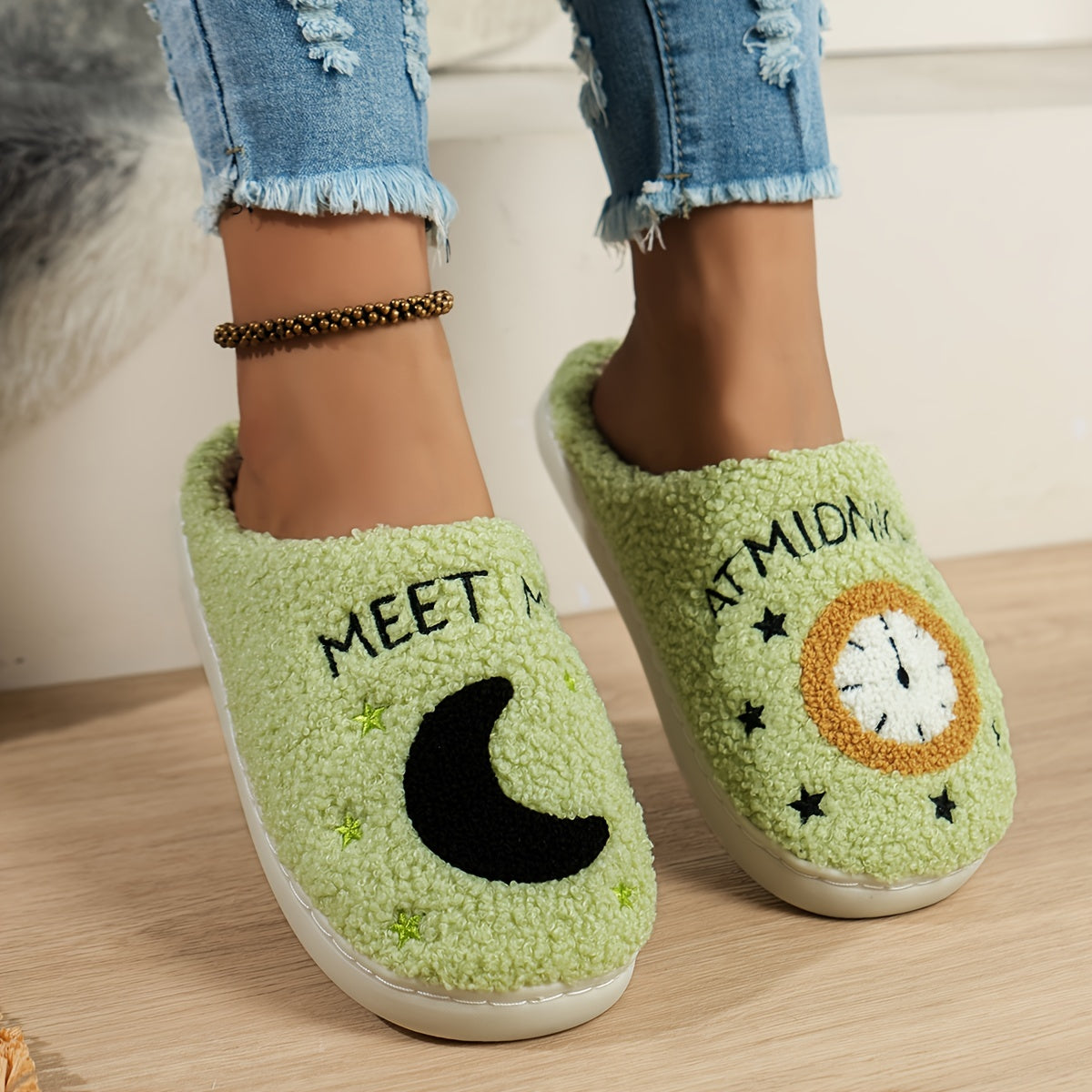 Cozy Women's Midnight Moon Clock Closed Toe Fuzzy Slippers