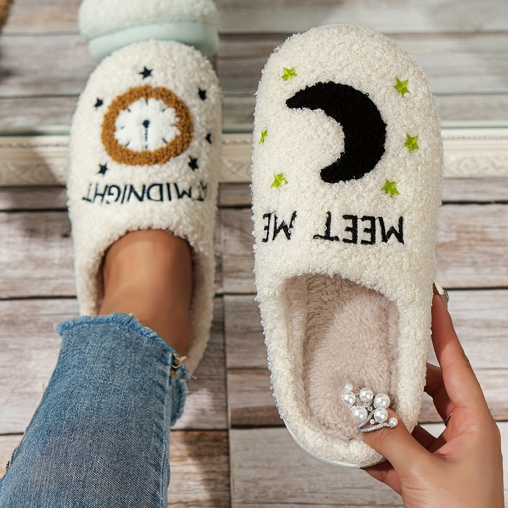 Cozy Women's Midnight Moon Clock Closed Toe Fuzzy Slippers