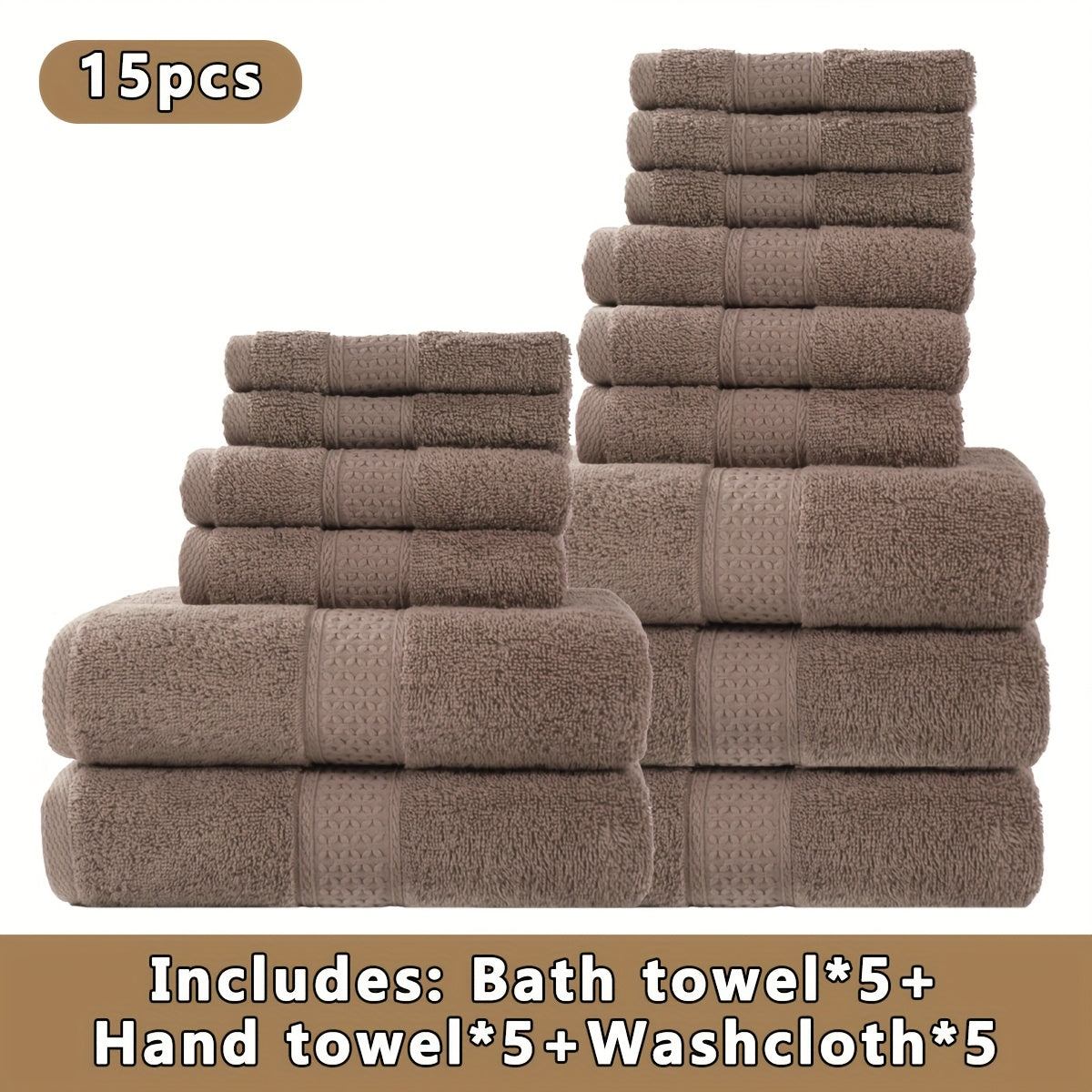 15pcs 100% Cotton Bath Towel Set, 5 Bath Towels 5 Hand Towels 5 Washcloths