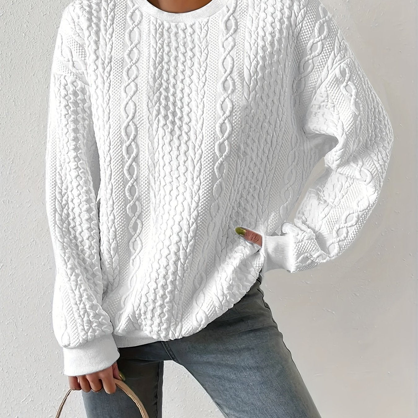 Loose Fit Women's Casual Textured Round Neck Pullover Sweatshirt