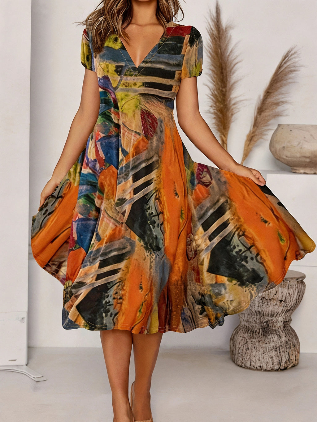 Women's Bohemian V-Neck Short Sleeve A-Line Dress