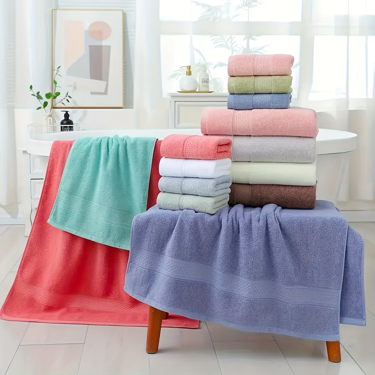 15pcs 100% Cotton Bath Towel Set, 5 Bath Towels 5 Hand Towels 5 Washcloths