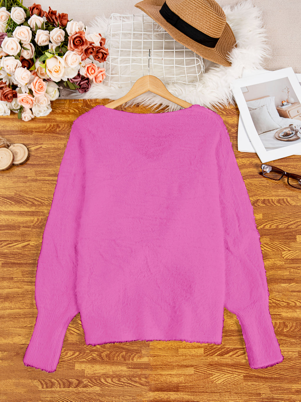 Women's Plus Size Casual V-Neck Knit Sweater with Batwing Sleeves