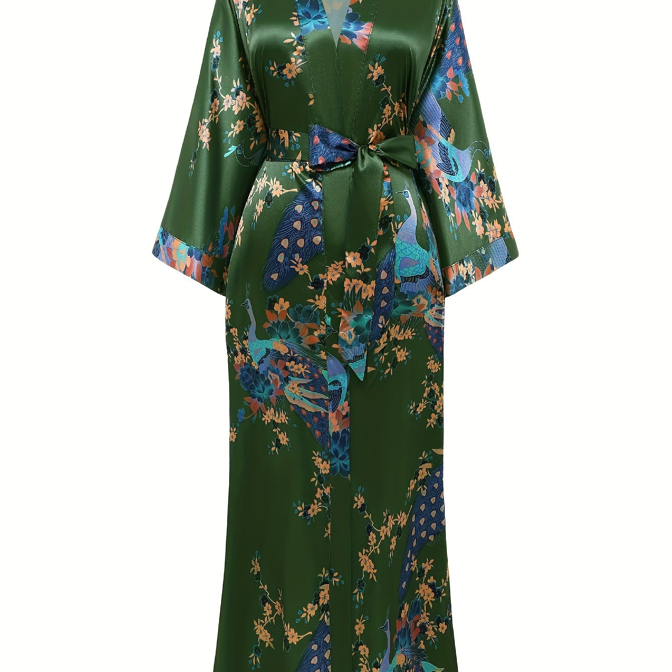 Women's Kimono Robe Long Satin Robes with Peacock/Blossoms Kimono Gown