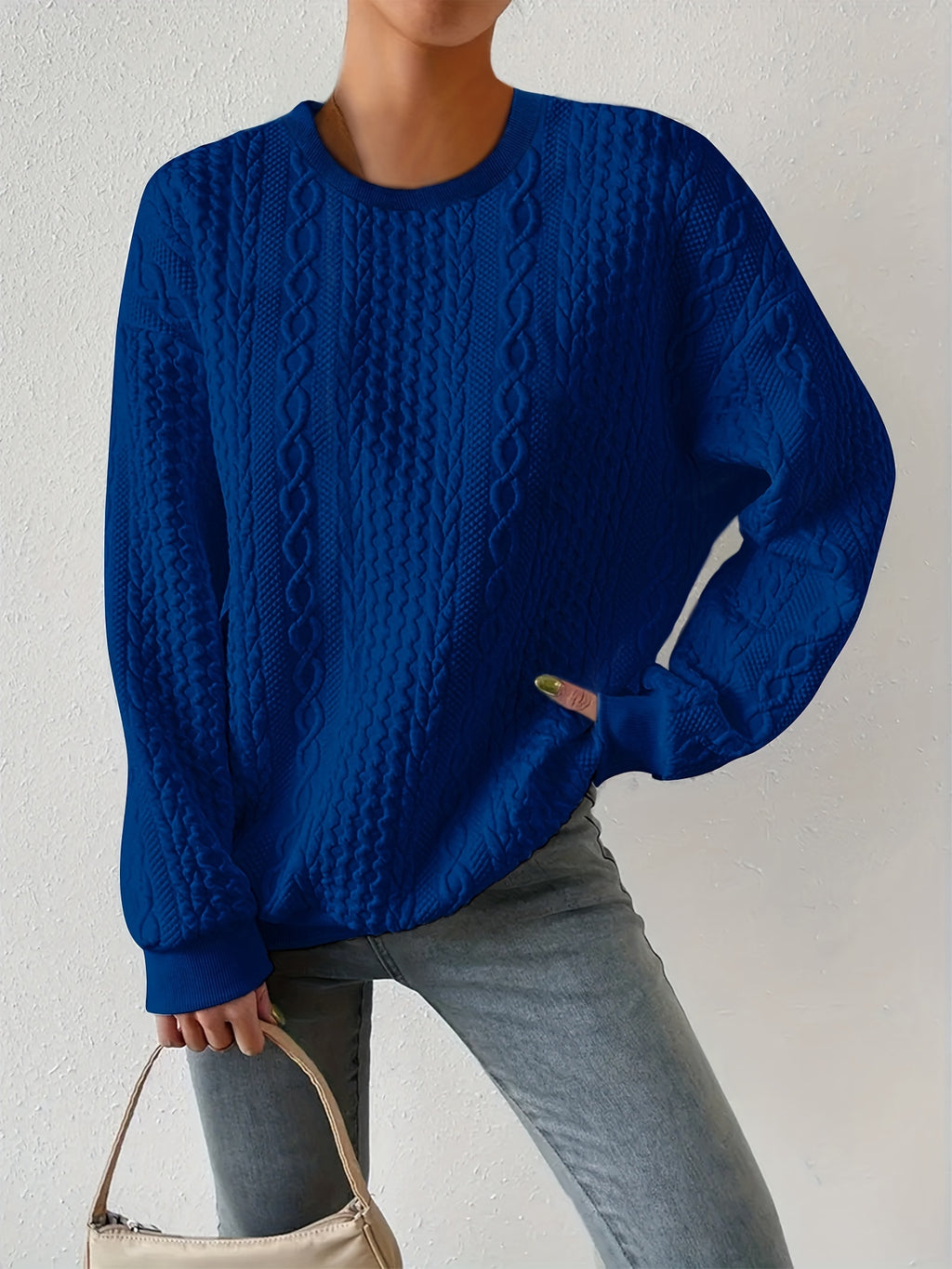 Loose Fit Women's Casual Textured Round Neck Pullover Sweatshirt